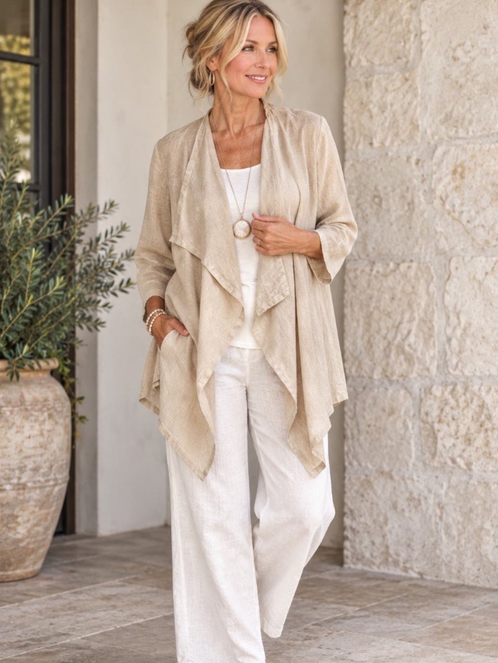 Bryn Walker 100% Linen Draped Waterfall Jacket L Natural Beige Made in USA
